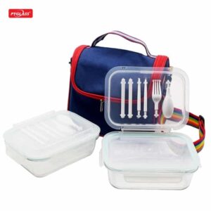 Glass Food Lunch Box with Spoon Fork Knife and Blue Handbag with Rainbow Strap