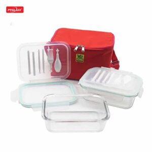 Glass Food Container with Tableware and Red Handbag