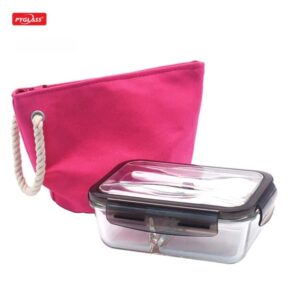 Two Compartment Glass Food Lunch Box with Spoon Fork Knife