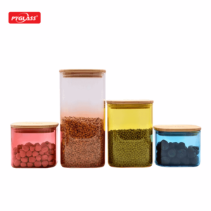 Colorful Squre Glass Food Jar With Bamboo Wooden Airtight Lids
