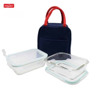 Glass Food Container with Flip Buckle Cover and Blue Handbag