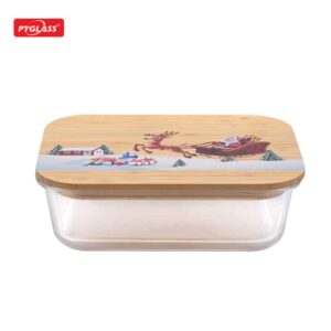 customized food containers Rectangle high borosilicate glass food containers with printed with bamboo lids