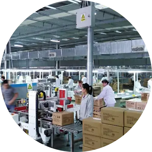 Automated factory production line with workers wearing uniforms overseeing the packing and movement of boxes along a conveyor belt.