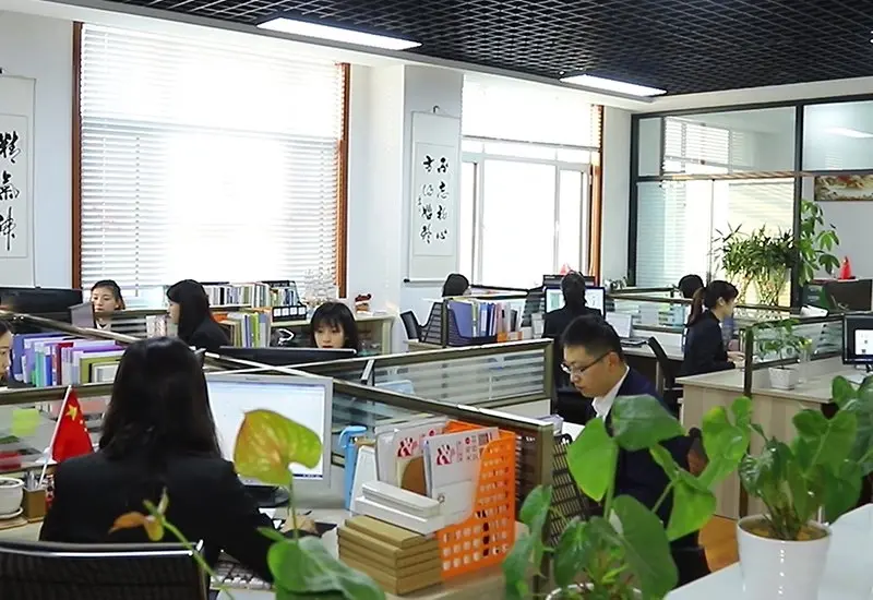 Modern office with several employees working at desks in a bright, well-lit environment with indoor plants and organized bookshelves.