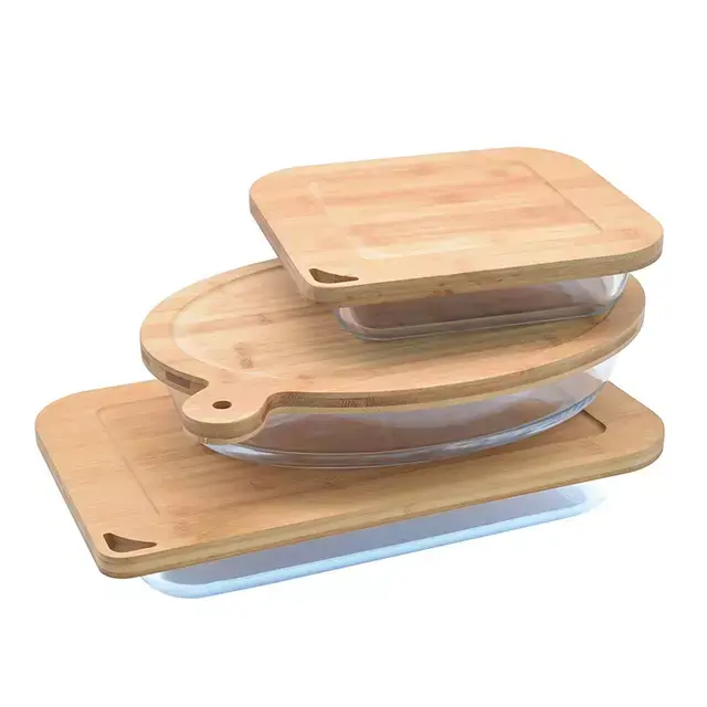 Three stacked glass containers with natural bamboo lids in various shapes, featuring a clean, minimalist design for kitchen storage.