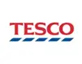Tesco logo showing brand name in red with blue stripes below on white background.