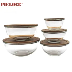 Glass Bowl Set Of  5  With Bamboo Cover Wholesale