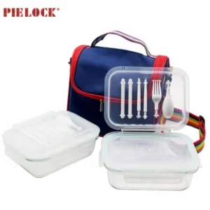 Glass Food Lunch Box with Spoon Fork Knife and Blue Handbag with Rainbow Strap