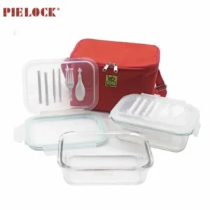 Glass Food Container with Tableware and Red Handbag