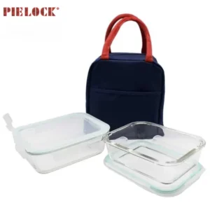 Glass Food Container with Flip Buckle Cover and Blue Handbag