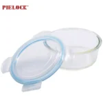 Round glass container with a transparent lid featuring a blue rim, suitable for kitchen storage.