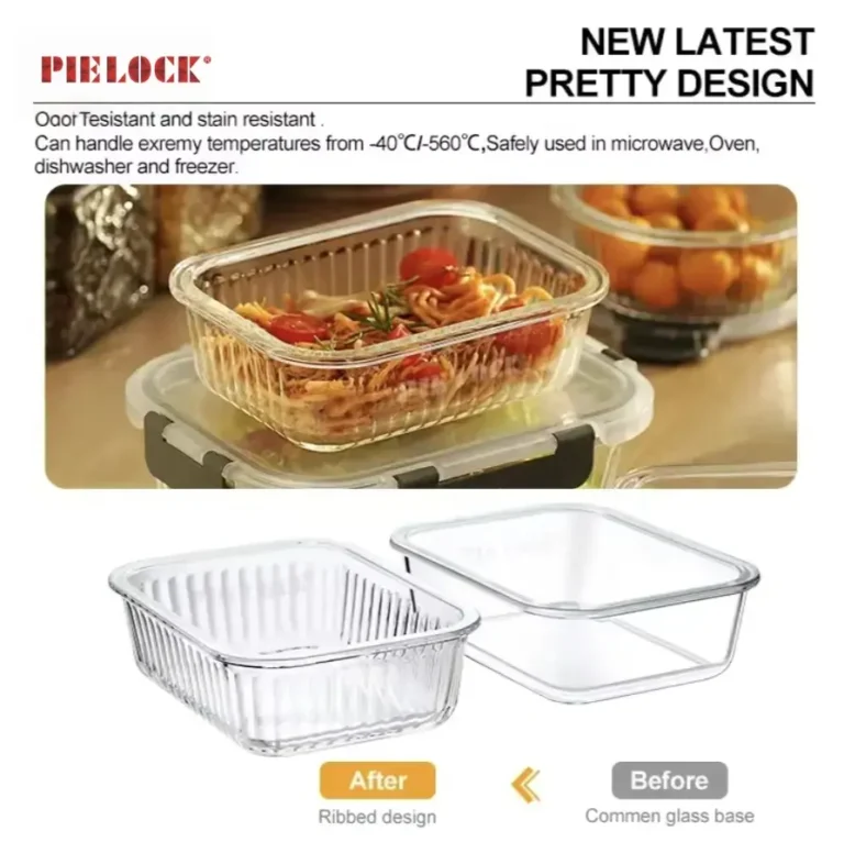 Transparent glass containers showcasing ribbed design for improved durability and aesthetics, suitable for microwave and oven use.