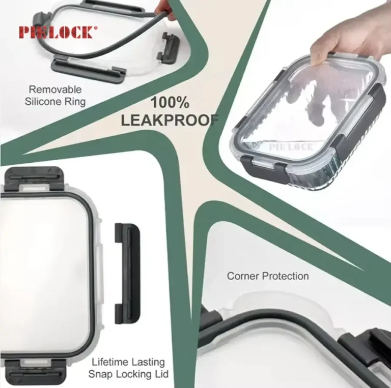 Glass container with removable silicone ring and snap locking lid, featuring 100% leakproof design and corner protection.