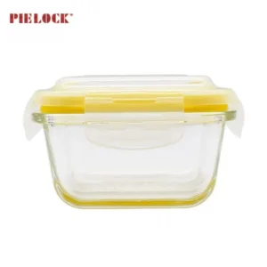 Clear glass food container with a yellow airtight lid, ideal for kitchen storage. Features the brand name Pielock.